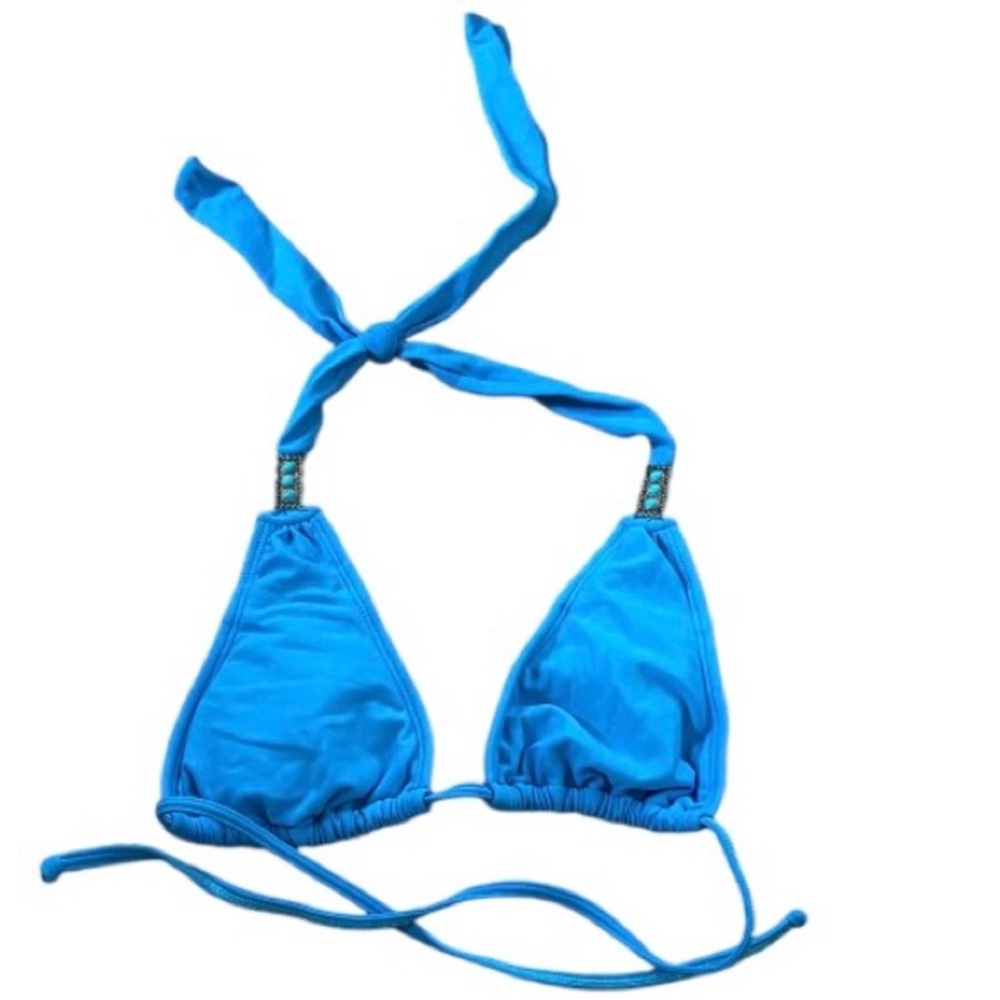 La Isla $88 NWOT Triangle Tie Halter Bikini Top Teal Turquoise Silver Blue M